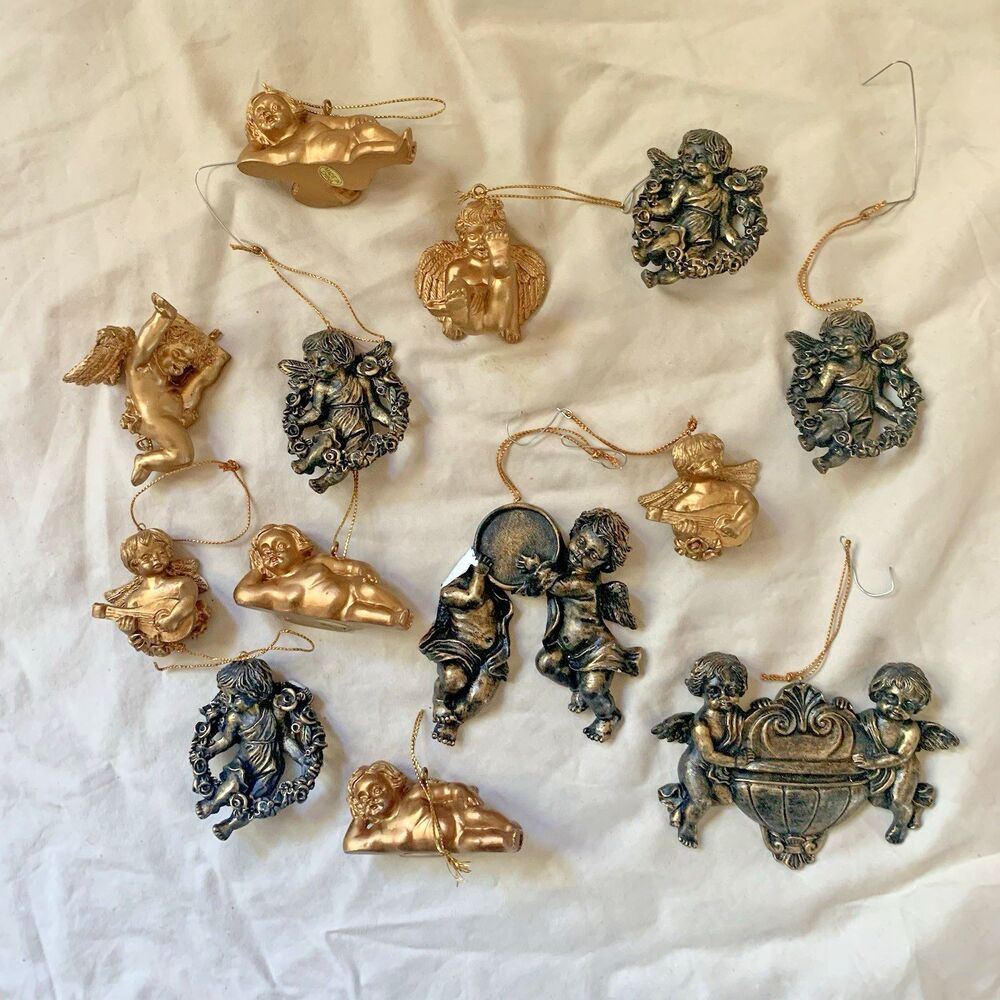 Vintage Angels Cherubs Ornament Hanging Sculpture Christmas 13pcs Golden Tone